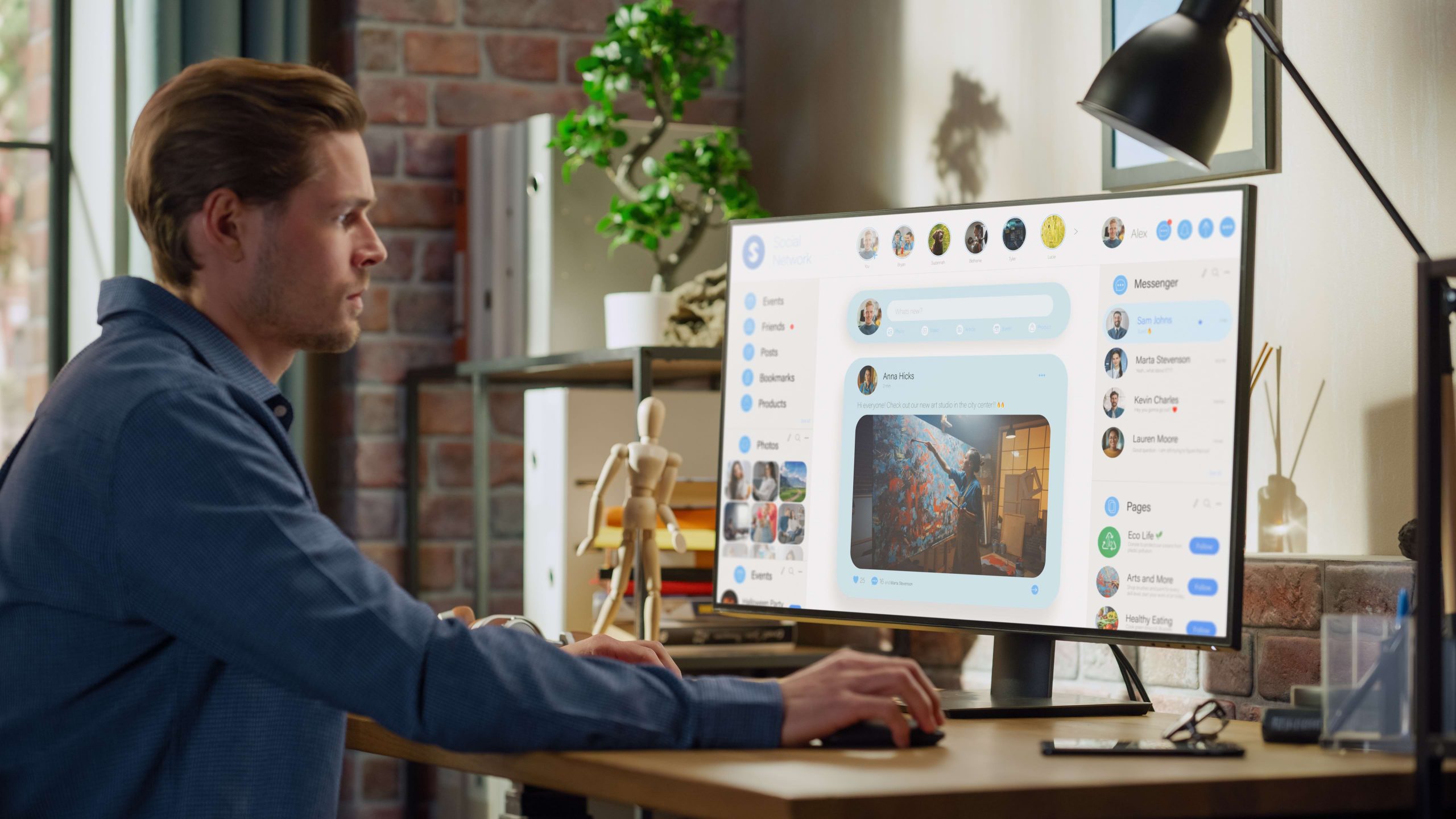 man looking at social media on computer