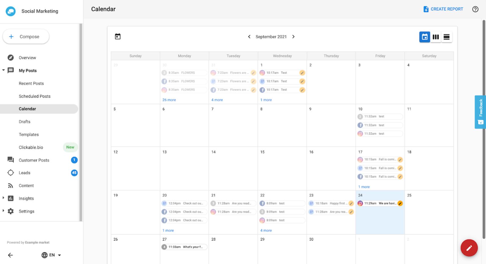 Calendar of social dashboard